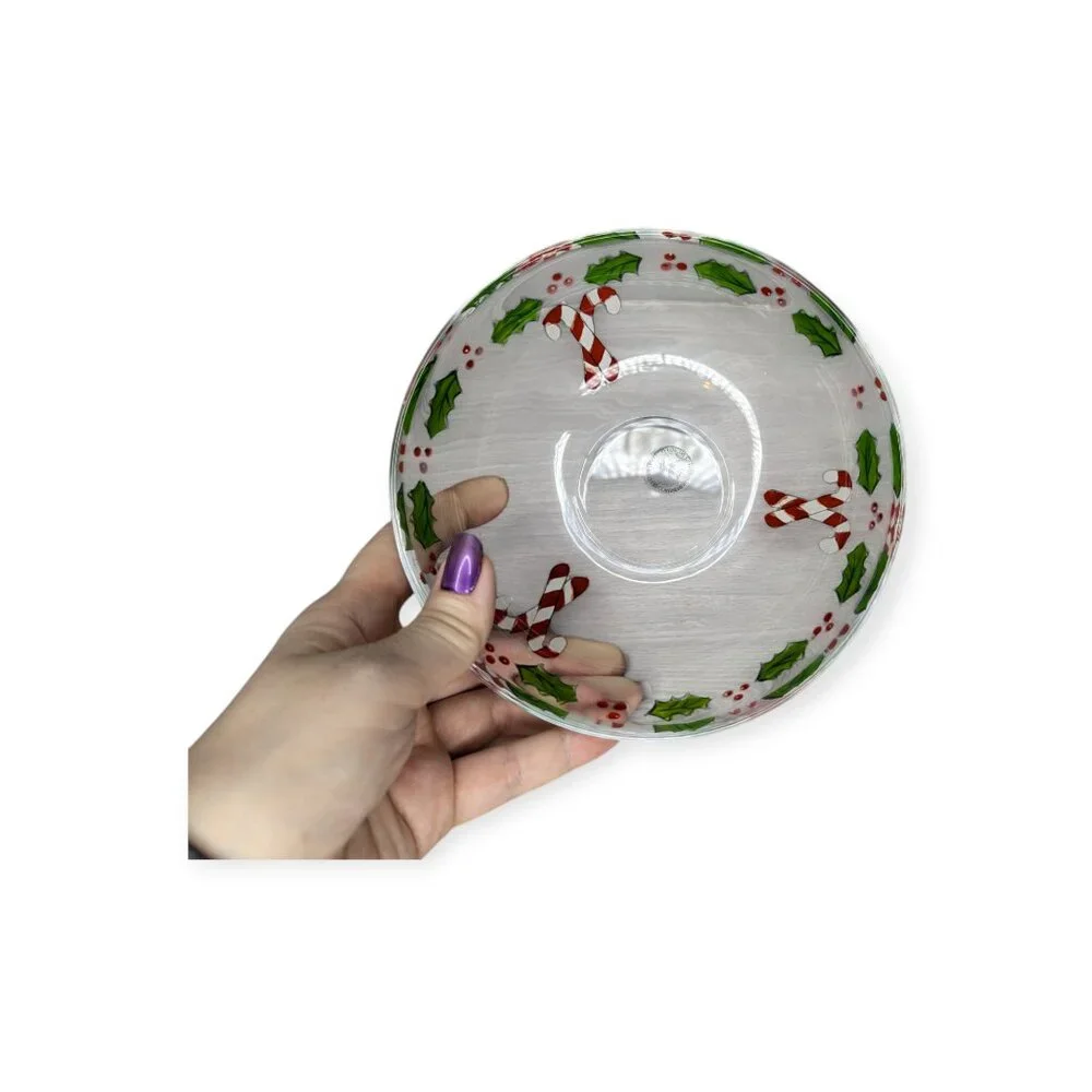 Gorham Glass Christmas Holly with Berries & Candy Cane Painted Bowl 7